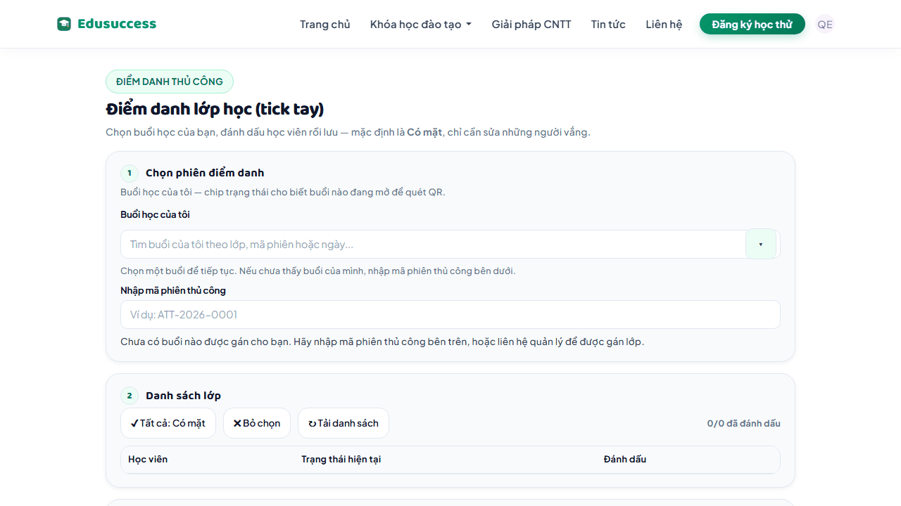 Màn hình điểm danh thủ công lớp học