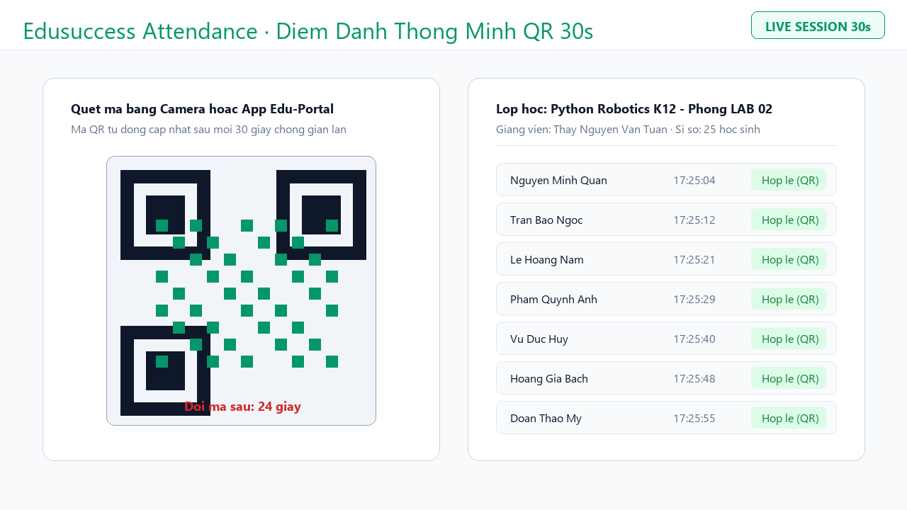 Màn hình điểm danh QR đổi mới sau 30 giây (ảnh minh họa giao diện)